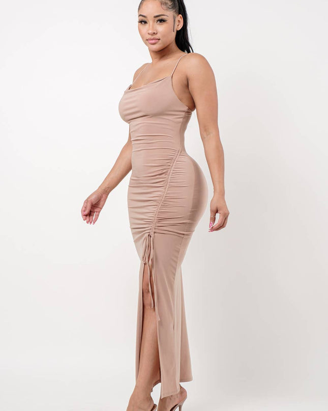 Cowl Neck Side Elastic Tunnel Shirring Tie Dress