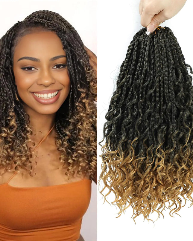 8 Packs Crochet Box Braids Pre Looped 14 Inch Boho Crochet Braids with Curly Ends 1B/27 Goddess Box Braids Crochet Hair for Black Women