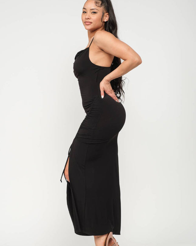Cowl Neck Side Elastic Tunnel Shirring Tie Dress