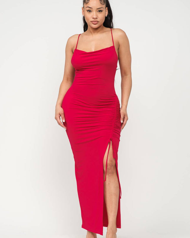 Cowl Neck Side Elastic Tunnel Shirring Tie Dress