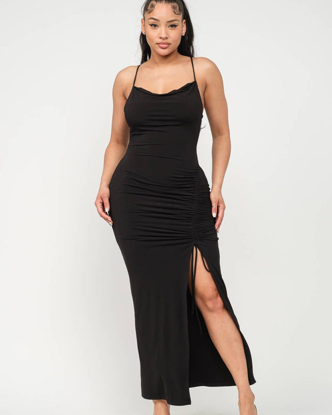 Cowl Neck Side Elastic Tunnel Shirring Tie Dress