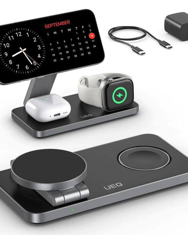 Foldable 3 in 1 Wireless Charging Station for Apple Compatible with Magsafe Charger Stand,Magnetic Wireless Charger Station for iPhone 16 15 14 13 12 Series,Airpods Pro,Apple Watch(Carbon Black)