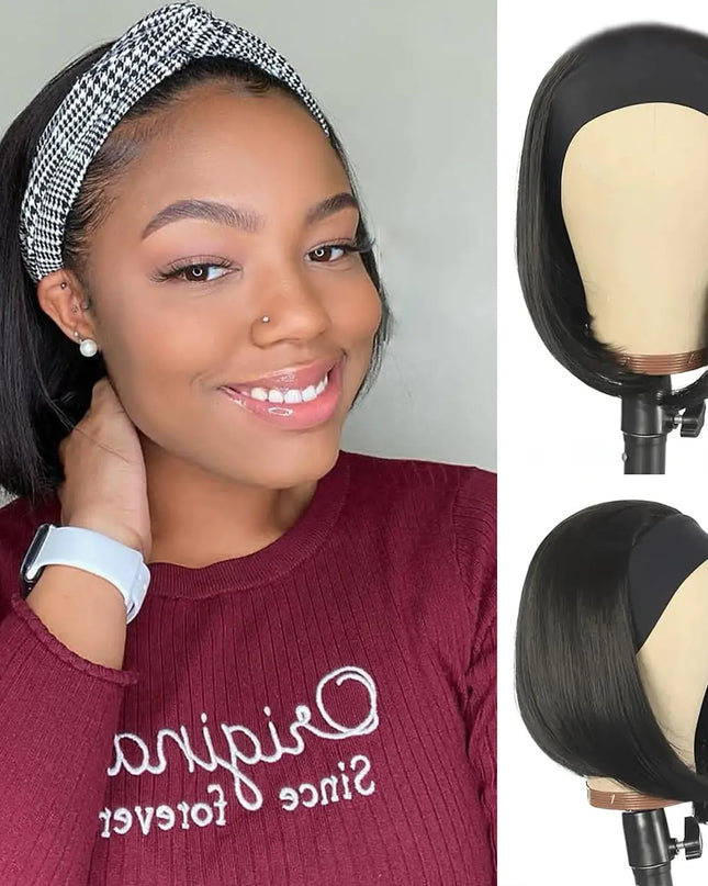Headband Wig Human Hair For Black Women Bob Wigs Glueless Human Hair Short Bob Headband Wigs for Black Women Straight Bob Human Hair Headband Wigs None Lace Wig Glueless Bob Straight 14 Inch