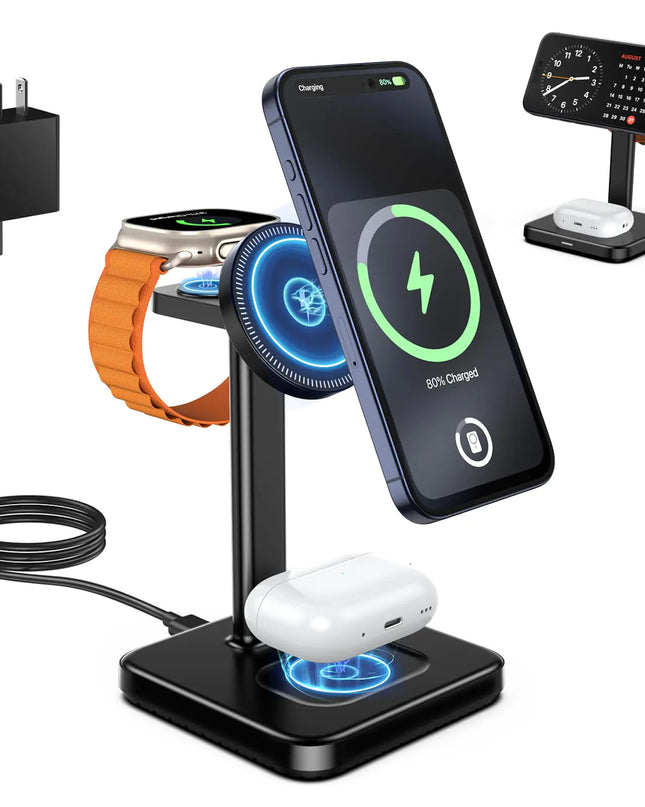 3 in 1 Wireless Charging Station for Apple Devices Mag - Safe Charger 15W Magnetic Charger Stand iPhone 16 15 14 13 12 Pro Max/Pro/Plus/Mini 5W Charger for iWatch Airpods (Black)