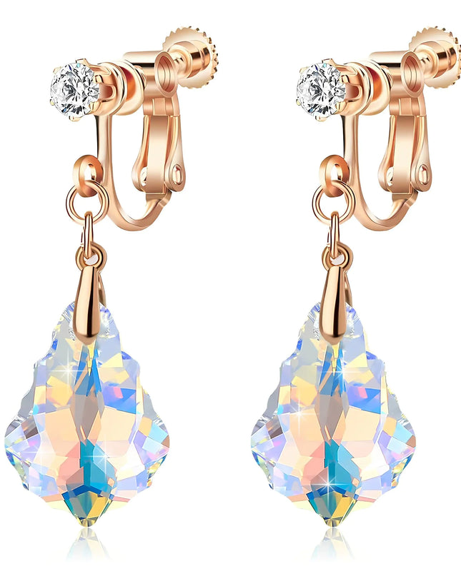 Austrian Crystal Baroque Drop Clip On Dangle Earrings for Women Non Pierced 14K Rose Gold Plated Hypoallergenic Jewelry (Aurora Borealis)