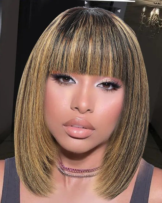 KPROYU Bob Wig With Bangs Human Hair 1B/27 Short Hair Wigs For Black Women Human Hair Glueless 8 Inch Bob Wig Human Hair Glueless 2.5X1 Inch Straight Wigs Human Hair