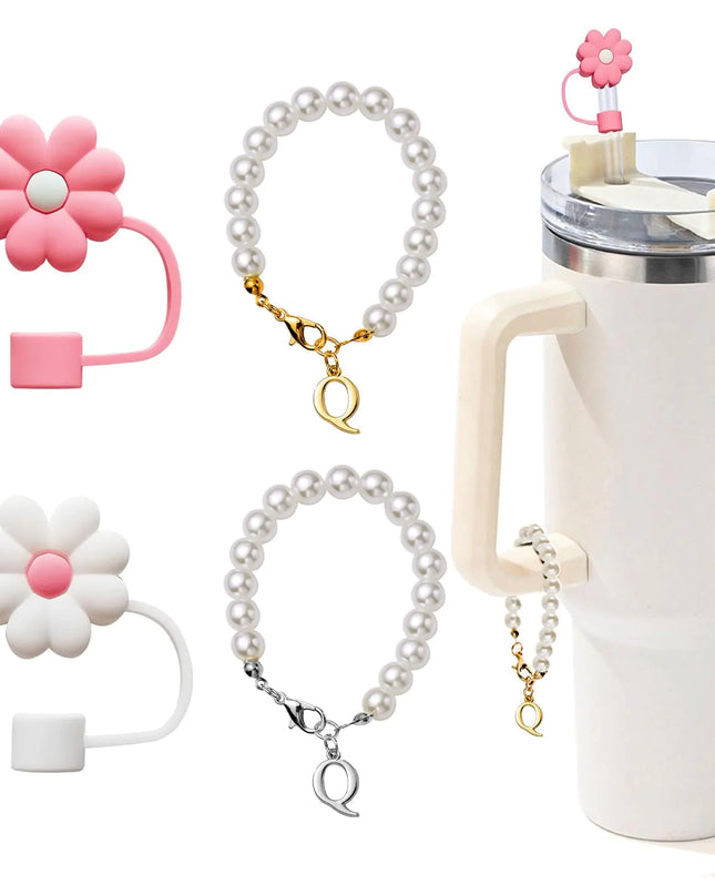 LUHOHI 4pcs Charms for Stanley Cup，Pearl Chain Accessories Stanley Cup Initial Letter Charms for Handle with 2pcs straw covers Stuff Decor Water Bottle Jewelry Tumbler Personalized Decorations ID Q