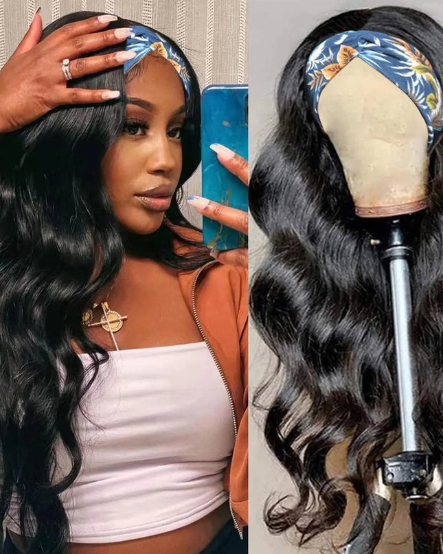 Headband Wig Human Hair Wigs Body Wave Headband Wig Glueless Human Hair Wig for black women human hair glueless None Lace Front Wigs 180% Density Wear and Go Wig Machine Made Headband Wigs (24in)