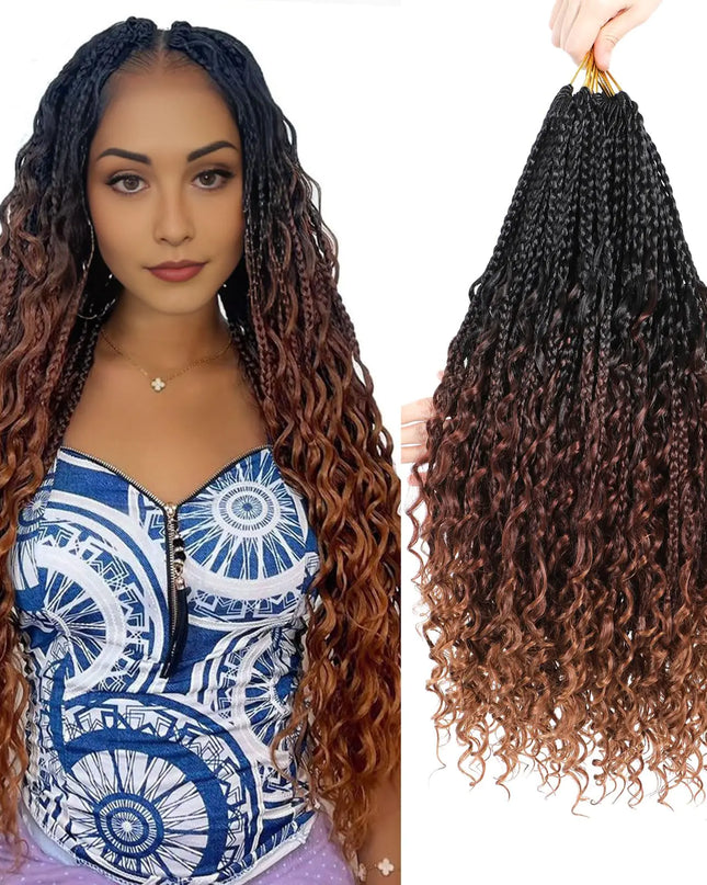 Goddess Box Braids Crochet Hair 18 Inch Crochet Boho Box Braids Pre Looped 8 Packs Boho Box Braids Crochet Hair For Black Women Crochet Box Braids With Curly Ends (18 Inch1B/33/30)