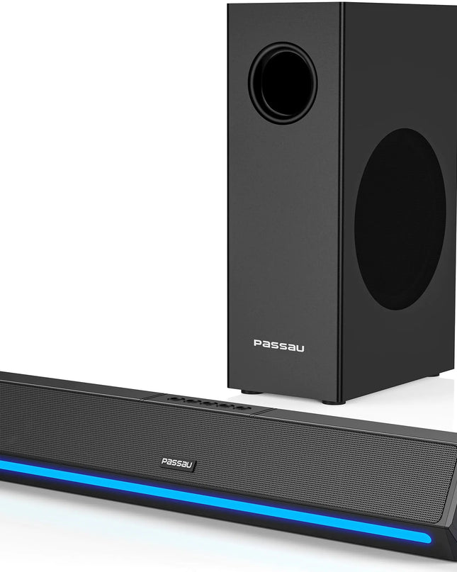Passau TV Soundbar 2.1ch HiFi Stereo Small Sound Bar with Deep Bass Bluetooth/AUX/HDMI(ARC) Connection for TV Desktop Monitor PCPhones Tablets