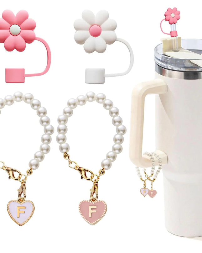 LUHOHI 4pcs Charms for Stanley Cup，Pearl Chain Accessories Stanley Cup Initial Letter Charms for Handle with 2pcs straw covers Stuff Decor Water Bottle Jewelry Tumbler Personalized Decorations ID Q