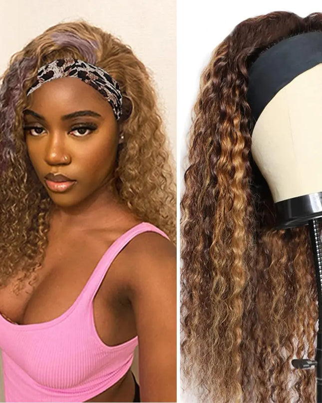 Highlight Ombre Headband Wig Deep Wave Human Hair Wigs Real Hair Wigs None Lace Front Wigs 150% Density Glueless 10A Brazilian Virgin Human Hair Headband Wigs 16Inch for Black Women Human Hair