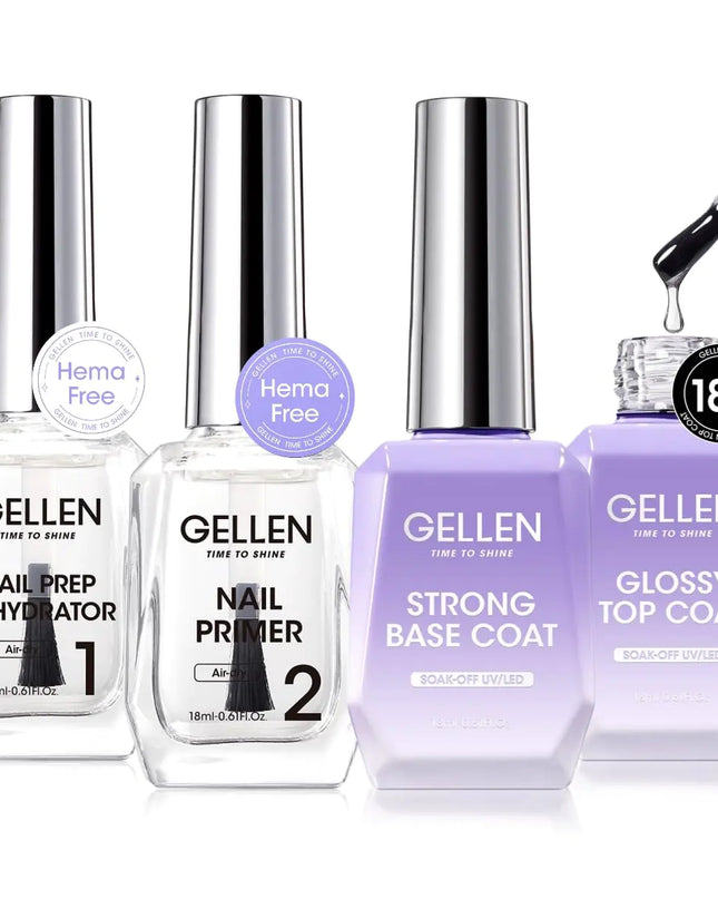 Gellen Nail Dehydrator and Primer with Base Coat Top Coat Acid-Free Hema-free Nail Prep Dehydrator Primer 18ml UV Superior Glossy Top Coat for Acrylic Gel Nail Polish Nail Art Supplies Gift for Women