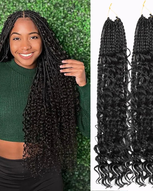 Goddess Box Braids Crochet Hair for Black Women18 Inch 2 Packs Goddess Boho Crochet Box Braids Synthetic Crochet Hair with Curly Ends Bohemian Pre Looped Box Braids Crochet Hair Extensions #1B)